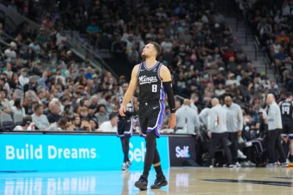 Nov 16, 2025; San Antonio, Texas, USA; Sacramento Kings guard Zach LaVine (8) walks up the court in the first half against the San Antonio Spurs at Frost Bank Center. Mandatory Credit: Daniel Dunn-Imagn Images