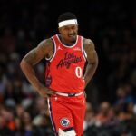 Phoenix, Arizona, USA; Los Angeles Clippers guard Bradley Beal (0) reacts against the Phoenix Suns in the first half at the Mortgage Matchup Center. Mandatory Credit: Mark J. Rebilas-Imagn Images