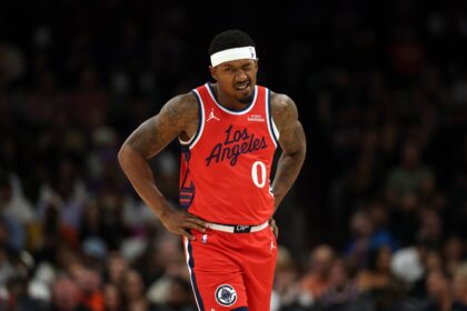 Phoenix, Arizona, USA; Los Angeles Clippers guard Bradley Beal (0) reacts against the Phoenix Suns in the first half at the Mortgage Matchup Center. Mandatory Credit: Mark J. Rebilas-Imagn Images