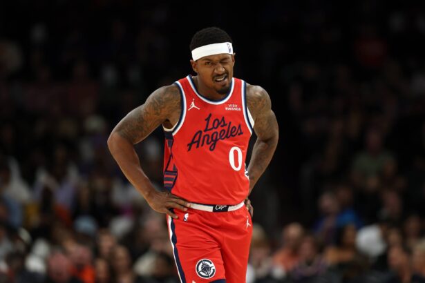 Phoenix, Arizona, USA; Los Angeles Clippers guard Bradley Beal (0) reacts against the Phoenix Suns in the first half at the Mortgage Matchup Center. Mandatory Credit: Mark J. Rebilas-Imagn Images