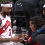 Brandon Ingram and GloRilla perform their special handshake after the Raptors game. Mandatory Credit: X user: @Bleacher Report.