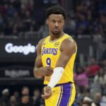 San Francisco, California, USA; Los Angeles Lakers guard Bronny James (9) takes the court against the Golden State Warriors in the first quarter at Chase Center. Mandatory Credit: David Gonzales-Imagn Images
