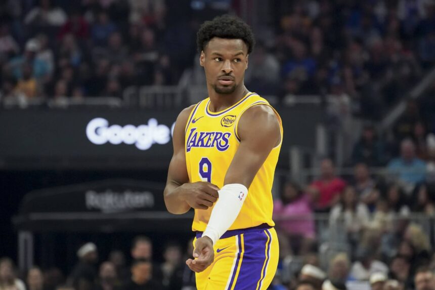 San Francisco, California, USA; Los Angeles Lakers guard Bronny James (9) takes the court against the Golden State Warriors in the first quarter at Chase Center. Mandatory Credit: David Gonzales-Imagn Images