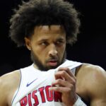 Philadelphia, Pennsylvania, USA; Detroit Pistons guard Cade Cunningham (2) looks on during the fourth quarter against the Philadelphia 76ers at Xfinity Mobile Arena. Mandatory Credit: Bill Streicher-Imagn Images