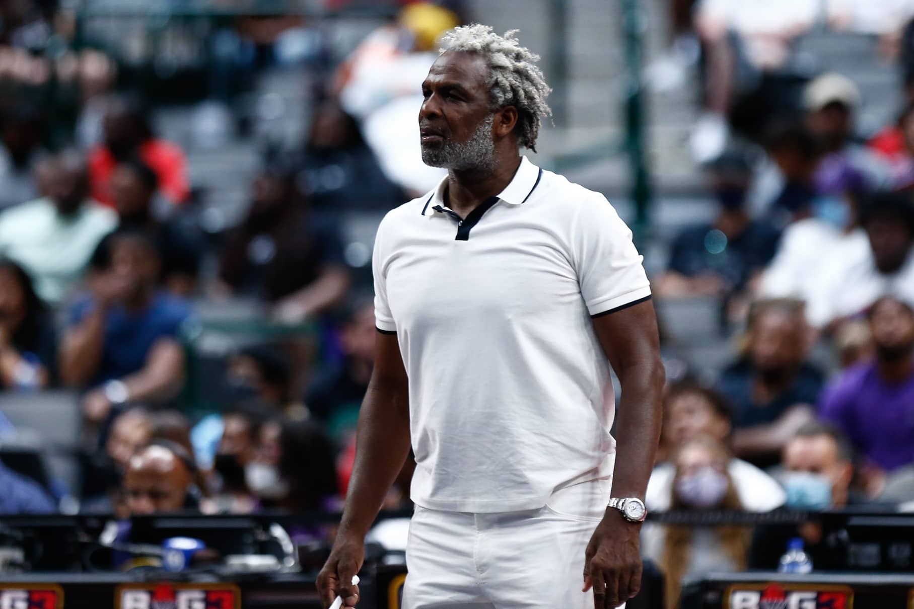 Dallas, Texas, USA; Killer 3 head coach Charles Oakley watches a game against Power during week four of the Big3 3-on-3 basketball league at American Airlines Center. Mandatory Credit: Aric Becker-Imagn Images
