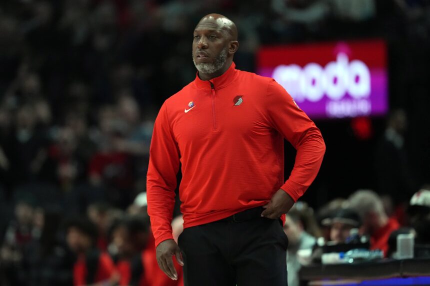 Portland, Oregon, USA; Portland Trail Blazers head coach Chauncey Billups watches from the sideline during the first half against the Washington Wizards at Moda Center. Mandatory Credit: Soobum Im-Imagn Images