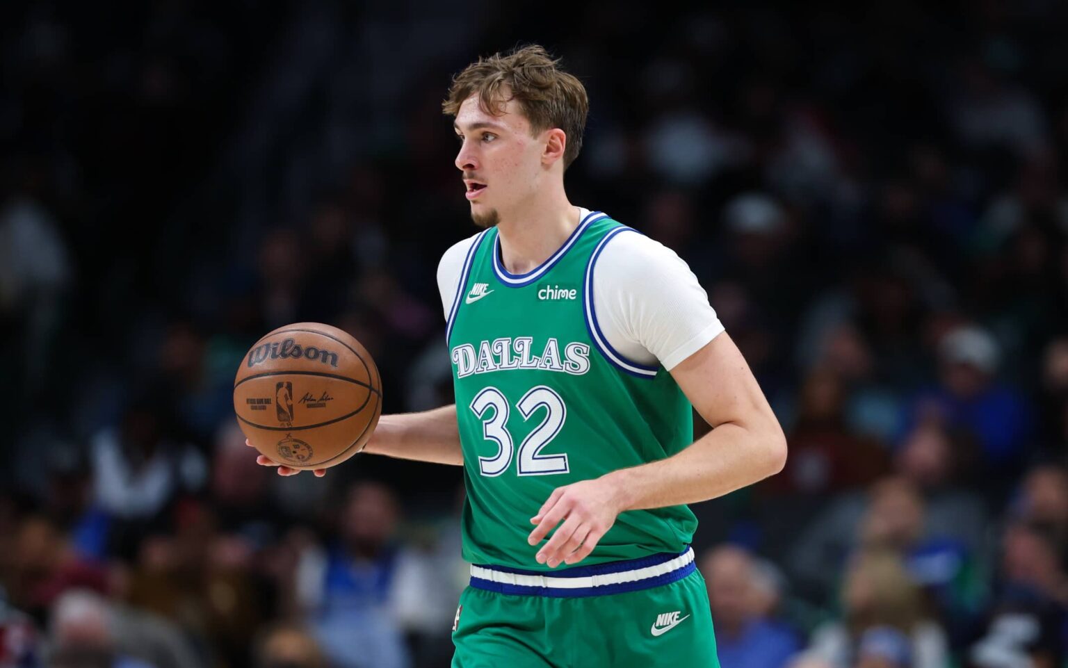 Dallas, Texas, USA; Dallas Mavericks forward Cooper Flagg (32) dribbles during the third quarter against the Milwaukee Bucks at American Airlines Center. Mandatory Credit: Kevin Jairaj-Imagn Images