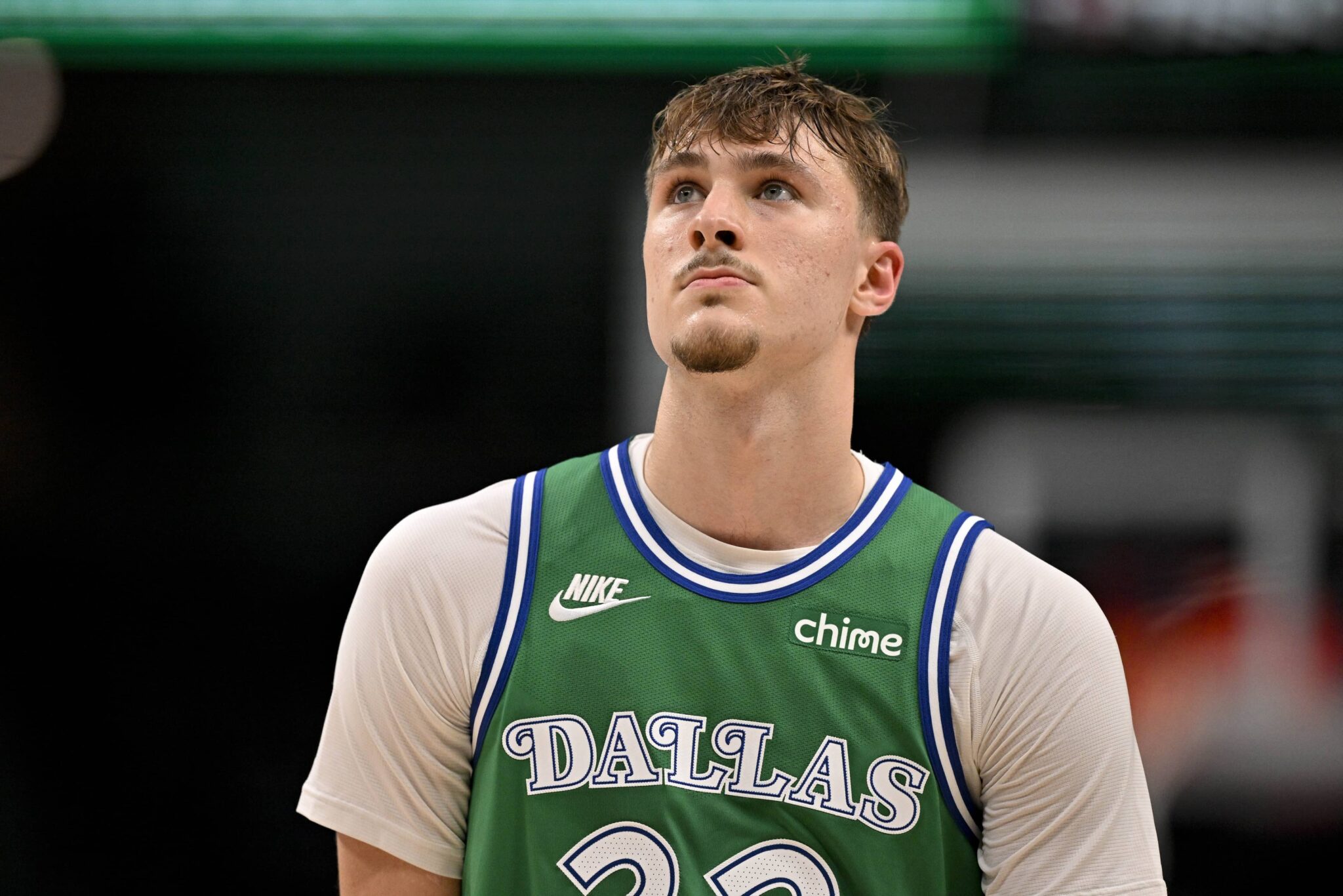 Dallas, Texas, USA; Dallas Mavericks forward Cooper Flagg (32) looks on during the second half against the Toronto Raptors at the American Airlines Center. Mandatory Credit: Jerome Miron-Imagn Images