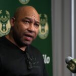 Sacramento, California, USA; Milwaukee Bucks assistant coach Darvin Ham talks to media members before the game against the Sacramento Kings at Golden 1 Center. Mandatory Credit: Darren Yamashita-Imagn Images