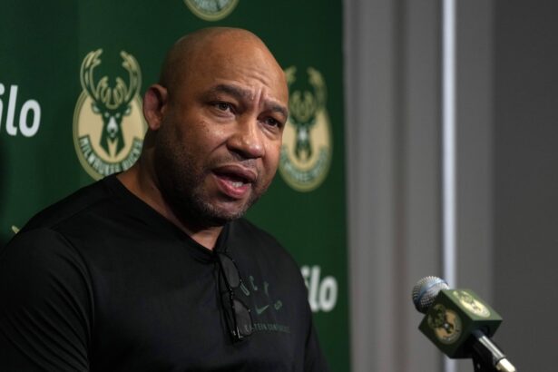 Sacramento, California, USA; Milwaukee Bucks assistant coach Darvin Ham talks to media members before the game against the Sacramento Kings at Golden 1 Center. Mandatory Credit: Darren Yamashita-Imagn Images