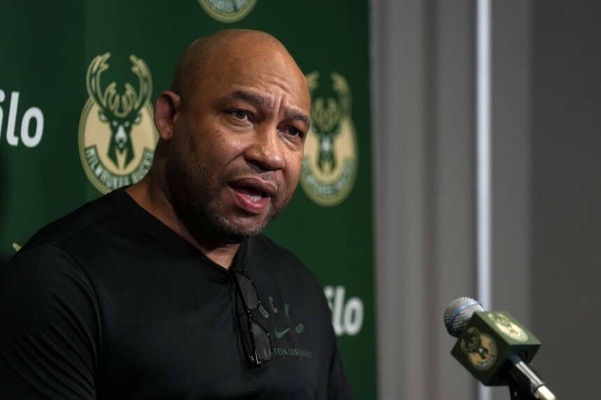 Sacramento, California, USA; Milwaukee Bucks assistant coach Darvin Ham talks to media members before the game against the Sacramento Kings at Golden 1 Center. Mandatory Credit: Darren Yamashita-Imagn Images