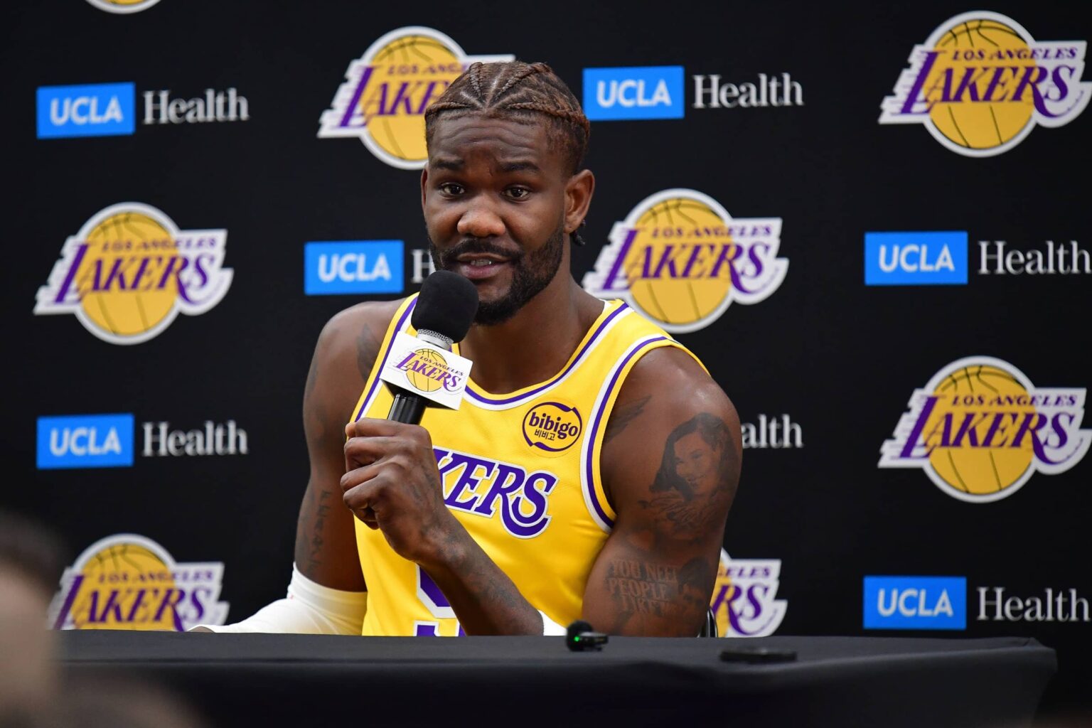 Los Angeles, CA, USA; Los Angeles Lakers center Deandre Ayton (5) during media day at UCLA Health Training Center. Mandatory Credit: Gary A. Vasquez-Imagn Images