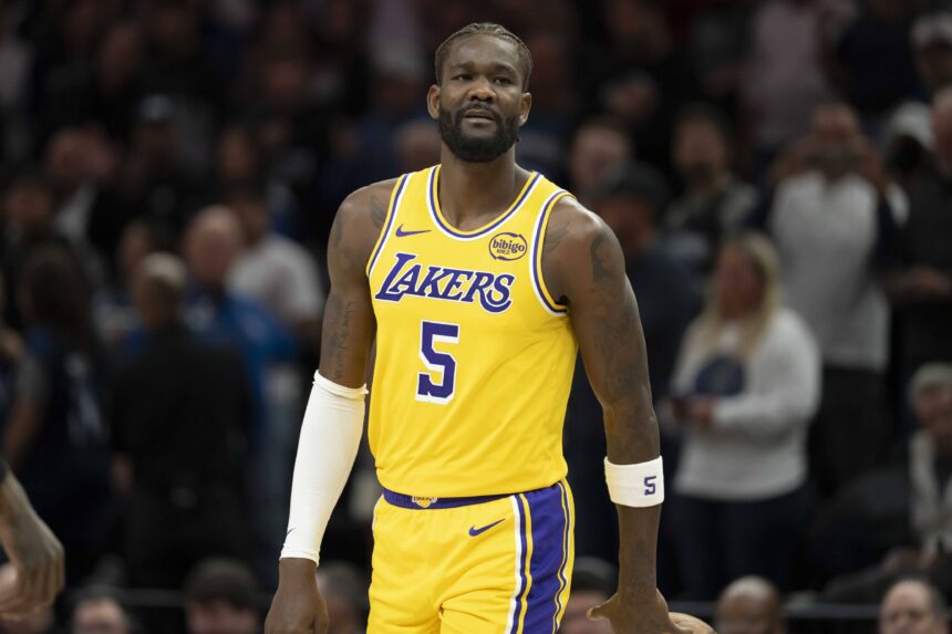 Minneapolis, Minnesota, USA; Los Angeles Lakers center Deandre Ayton (5) looks on against the Minnesota Timberwolves in the first half at Target Center. Mandatory Credit: Jesse Johnson-Imagn Images