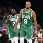 Memphis, Tennessee, USA; Boston Celtics guard Derrick White (9) looks on during the second quarter against the Memphis Grizzlies at FedExForum. Mandatory Credit: Petre Thomas-Imagn Images