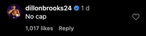 Dillon Brooks' comment on Instagram.