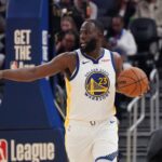 San Francisco, California, USA; Golden State Warriors forward Draymond Green (23) dribbles upcourt against the Los Angeles Lakers in the second quarter at Chase Center. Mandatory Credit: David Gonzales-Imagn Images