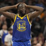 San Antonio, Texas, USA; Golden State Warriors forward Draymond Green (23) reacts after being called for a foul during the second half against the San Antonio Spurs at Frost Bank Center. Mandatory Credit: Scott Wachter-Imagn Images