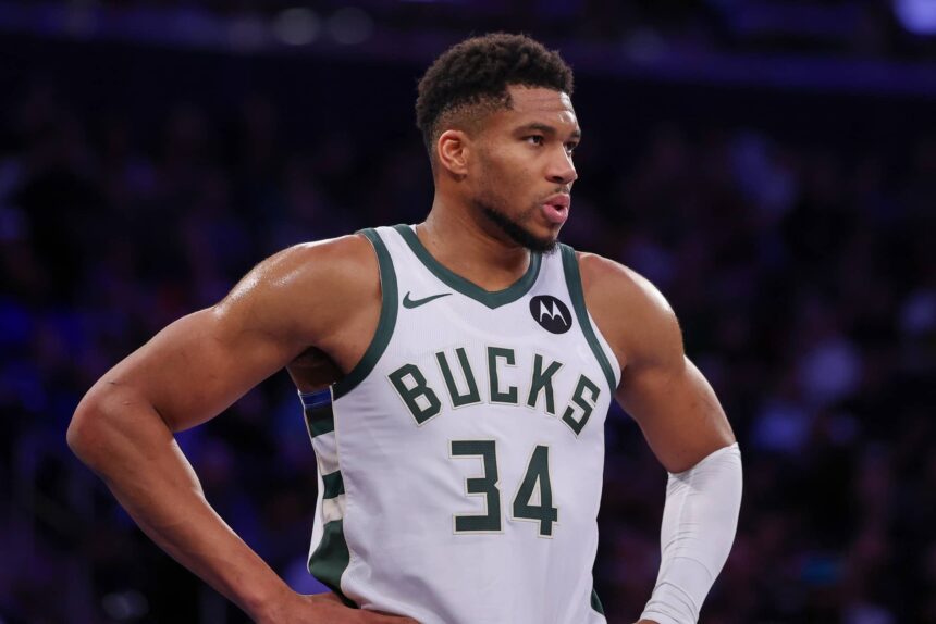 New York, New York, USA; Milwaukee Bucks forward Giannis Antetokounmpo (34) looks back during the second half against the New York Knicks at Madison Square Garden. Mandatory Credit: Vincent Carchietta-Imagn Images