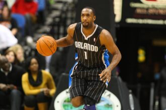 Minneapolis, MN, USA; Orlando Magic guard Gilbert Arenas (1) during the first quarter against the Minnesota Timberwolves at the Target Center. Mandatory Credit: Brace Hemmelgarn-Imagn Images