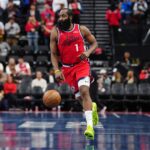 Inglewood, California, USA; LA Clippers guard James Harden (1) dribbles the ball against the New Orleans Pelicans in the second half at Intuit Dome. Mandatory Credit: Kirby Lee-Imagn Images