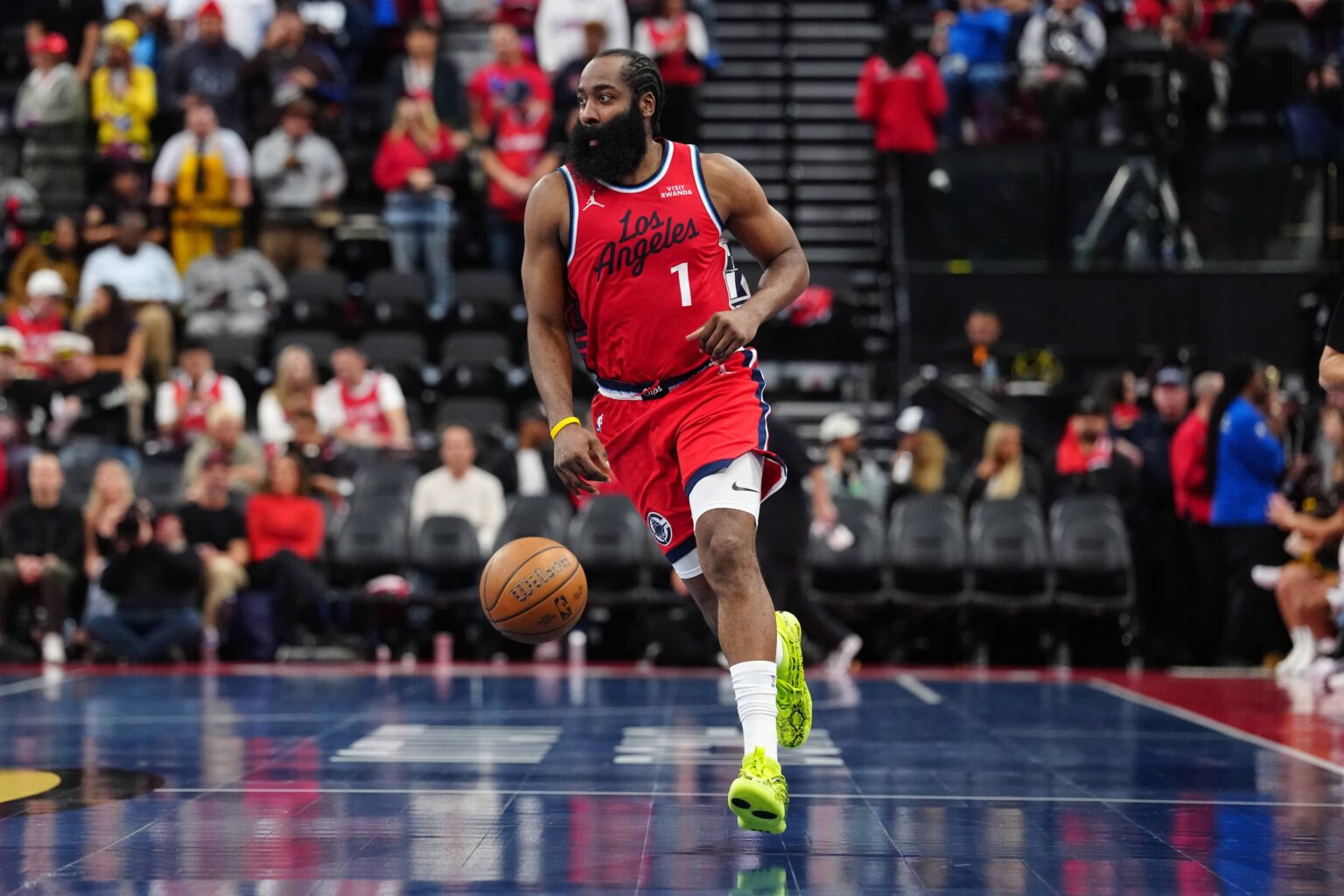 Inglewood, California, USA; LA Clippers guard James Harden (1) dribbles the ball against the New Orleans Pelicans in the second half at Intuit Dome. Mandatory Credit: Kirby Lee-Imagn Images