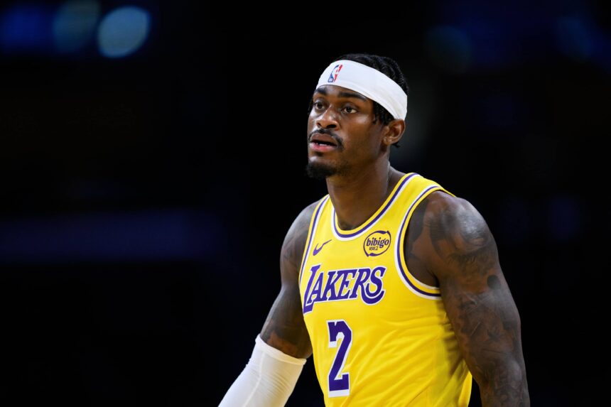 Los Angeles, California, USA; Los Angeles Lakers forward Jarred Vanderbilt (2) looks on during the first half against the Sacramento Kings at Crypto.com Arena. Mandatory Credit: William Liang-Imagn Images