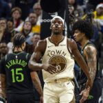 San Francisco, California, USA; Golden State Warriors forward Jimmy Butler III (10) reacts after a flagrant foul by New Orleans Pelicans guard Micah Peavy (14) during the second quarter at Chase Center. Mandatory Credit: John Hefti-Imagn Images