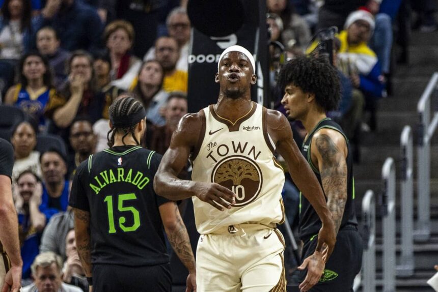 San Francisco, California, USA; Golden State Warriors forward Jimmy Butler III (10) reacts after a flagrant foul by New Orleans Pelicans guard Micah Peavy (14) during the second quarter at Chase Center. Mandatory Credit: John Hefti-Imagn Images
