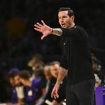 Los Angeles, California, USA; Los Angeles Lakers Head Coach JJ Redick reacts during the game against the Miami Heat during the first half at Crypto.com Arena. Mandatory Credit: Jonathan Hui-Imagn Images