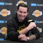 Los Angeles, California, USA; Los Angeles Lakers head coach JJ Redick at press conference at Crypto.com Arena. Mandatory Credit: Kirby Lee-Imagn Images