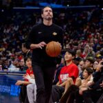 New Orleans, Louisiana, USA; Los Angeles Lakers Head Coach JJ Redick looks on against the New Orleans Pelicans during the first half at Smoothie King Center. Mandatory Credit: Stephen Lew-Imagn Images