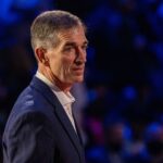 Cleveland, Ohio, USA; NBA great John Stockton is honored for being selected to the NBA 75th Anniversary Team during halftime in the 2022 NBA All-Star Game at Rocket Mortgage FieldHouse. Mandatory Credit: Kyle Terada-Imagn Images