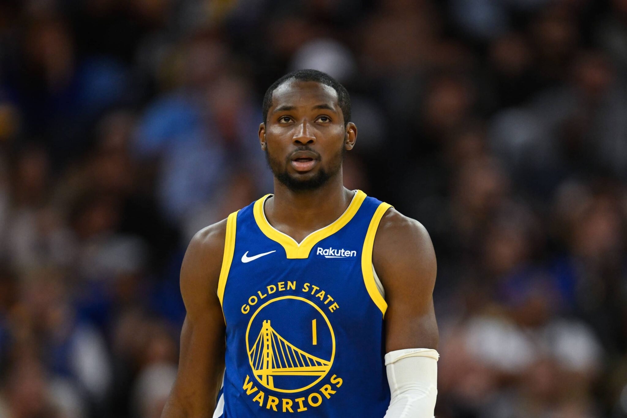 San Francisco, California, USA; Golden State Warriors forward Jonathan Kuminga (1) looks on against the Phoenix Suns in the third quarter at Chase Center. Mandatory Credit: Eakin Howard-Imagn Images