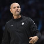 Charlotte, North Carolina, USA; Brooklyn Nets head coach Jordi Fernandez reacts during the first half against the Charlotte Hornets at the Spectrum Center. Mandatory Credit: Sam Sharpe-Imagn Images