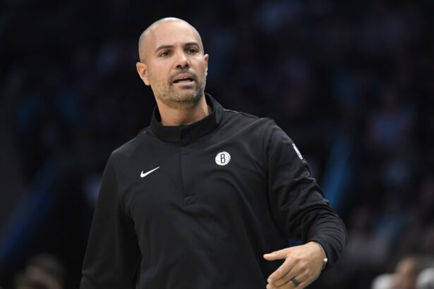 Charlotte, North Carolina, USA; Brooklyn Nets head coach Jordi Fernandez reacts during the first half against the Charlotte Hornets at the Spectrum Center. Mandatory Credit: Sam Sharpe-Imagn Images