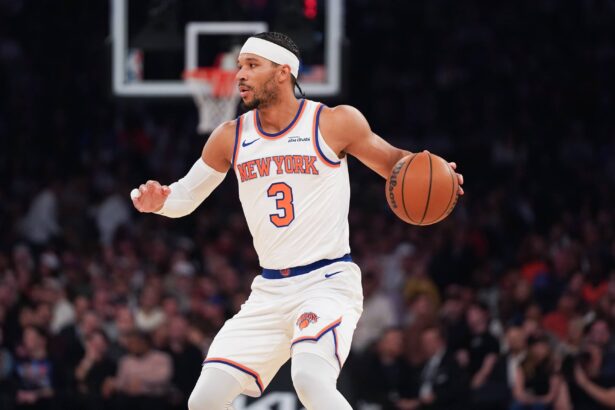 New York, New York, USA; New York Knicks guard Josh Hart (3) dribbles during the first half against the Washington Wizards at Madison Square Garden. Mandatory Credit: Lucas Boland-Imagn Images