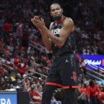 Houston, Texas, USA; Houston Rockets forward Kevin Durant (7) claps after a play during the fourth quarter against the Portland Trail Blazers at Toyota Center. Mandatory Credit: Troy Taormina-Imagn Images