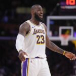 Los Angeles, California, USA; Los Angeles Lakers forward LeBron James (23) reacts in the first half against the Memphis Grizzlies at Crypto.com Arena. Mandatory Credit: Kirby Lee-Imagn Images