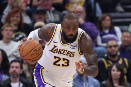Salt Lake City, Utah, USA; Los Angeles Lakers forward LeBron James (23) brings the ball up the court against the Utah Jazz during the first half at Delta Center. Mandatory Credit: Rob Gray-Imagn Images