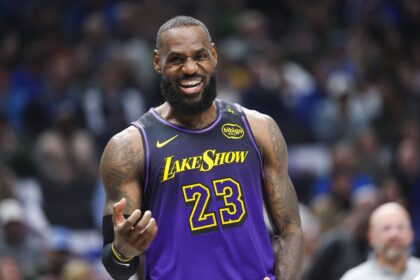 Dallas, Texas, USA; Los Angeles Lakers forward LeBron James (23) laughs during the first half against the Dallas Mavericks at American Airlines Center. Mandatory Credit: Kevin Jairaj-Imagn Images