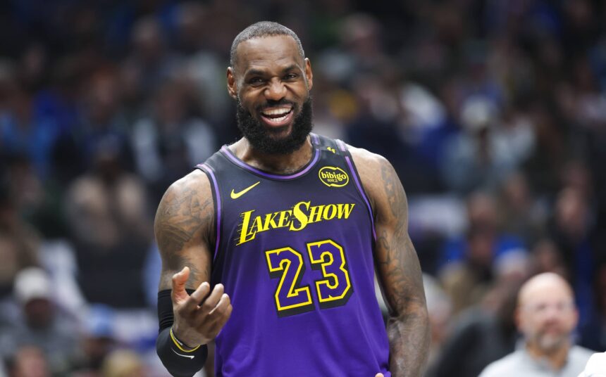 Dallas, Texas, USA; Los Angeles Lakers forward LeBron James (23) laughs during the first half against the Dallas Mavericks at American Airlines Center. Mandatory Credit: Kevin Jairaj-Imagn Images
