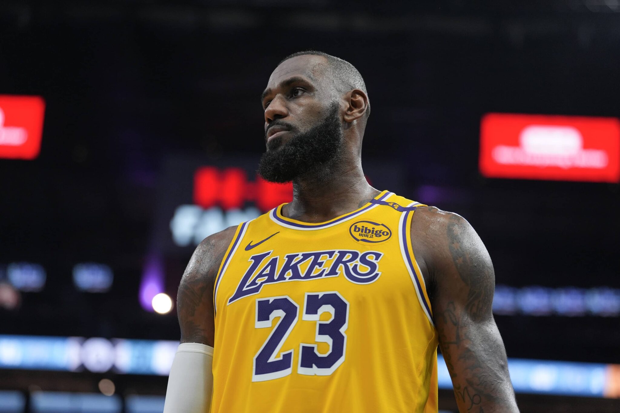 San Antonio, Texas, USA; Los Angeles Lakers forward LeBron James (23) looks over in the second half against the San Antonio Spurs at Frost Bank Center. Mandatory Credit: Daniel Dunn-Imagn Images