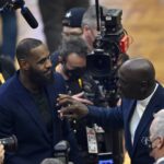 Cleveland, Ohio, USA; Lebron James and Michael Jordan on court during halftime during the 2022 NBA All-Star Game at Rocket Mortgage FieldHouse. Mandatory Credit: David Richard-Imagn Images