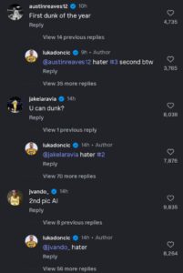 Austin Reaves, Jake LaRavia, and Jarred Vanderbilt trolling Luka Doncic.