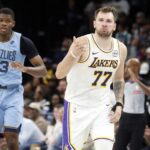 Memphis, Tennessee, USA; Los Angeles Lakers guard Luka Doncic (77) reacts during the fourth quarter against the Memphis Grizzlies at FedExForum. Mandatory Credit: Petre Thomas-Imagn Images