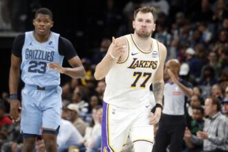 Memphis, Tennessee, USA; Los Angeles Lakers guard Luka Doncic (77) reacts during the fourth quarter against the Memphis Grizzlies at FedExForum. Mandatory Credit: Petre Thomas-Imagn Images