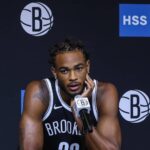 Brooklyn, NY, USA; Brooklyn Nets center Nic Claxton (33) speaks at Media Day. Mandatory Credit: Wendell Cruz-Imagn Images
