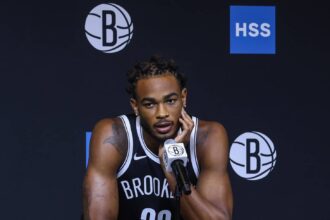 Brooklyn, NY, USA; Brooklyn Nets center Nic Claxton (33) speaks at Media Day. Mandatory Credit: Wendell Cruz-Imagn Images