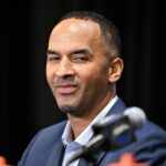 Dallas, TX, USA; Dallas Mavericks general manager Nico Harrison speaks to the media at the Dallas Mavericks Practice Facility. Mandatory Credit: Jerome Miron-Imagn Images