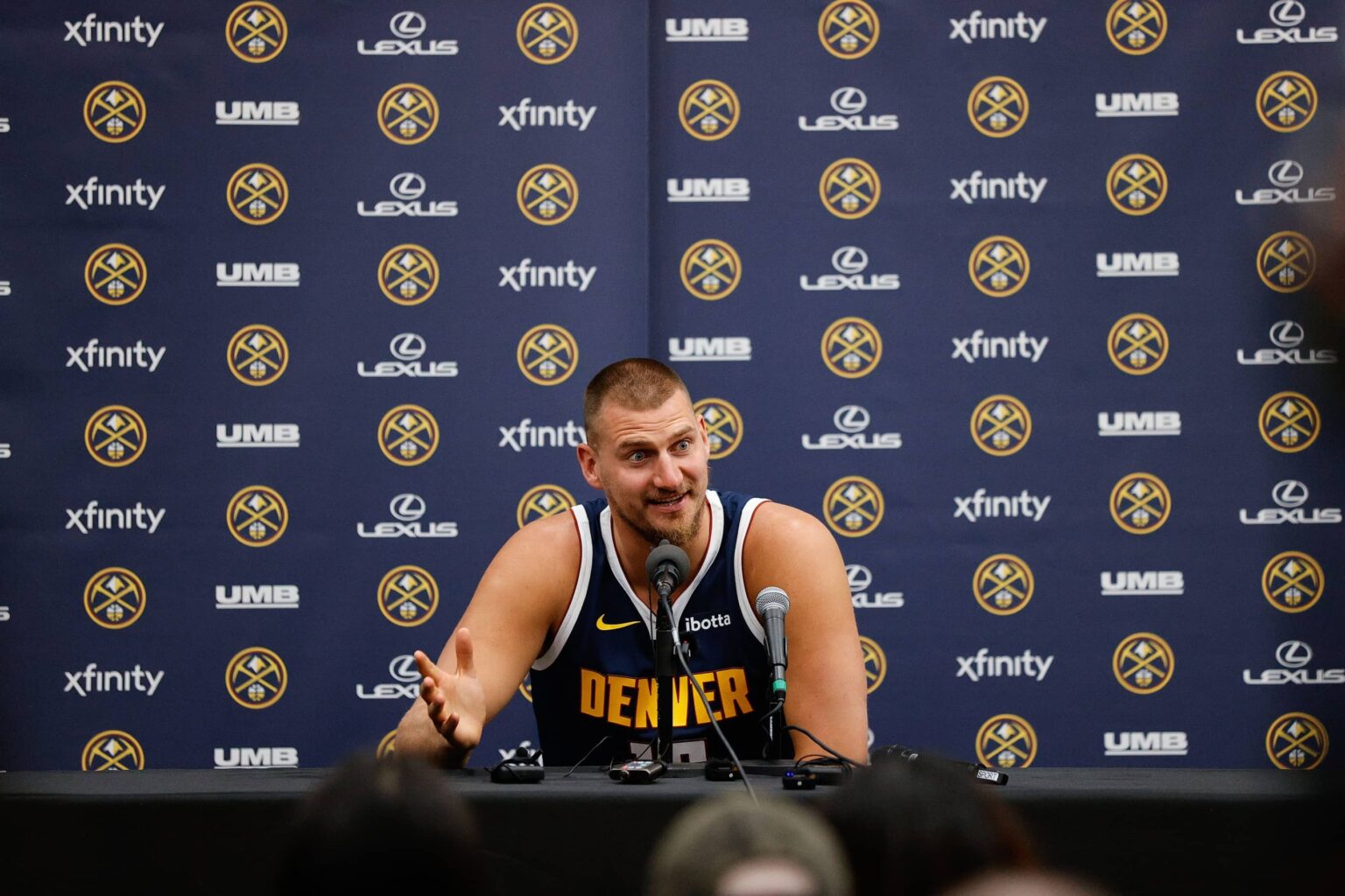 Denver, CO, USA; Denver Nuggets player Nikola Jokic (15) takes questions during media day at Ball Arena. Mandatory Credit: Isaiah J. Downing-Imagn Images